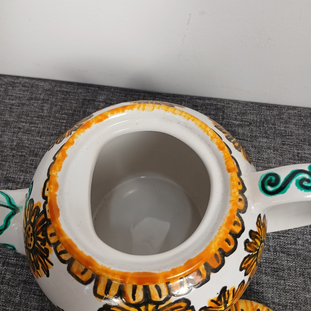 Sunflower Teapot Farmhouse Kitchen Decor Ceramic White Handpainted Floral Lid 8" - Picture 6 of 11